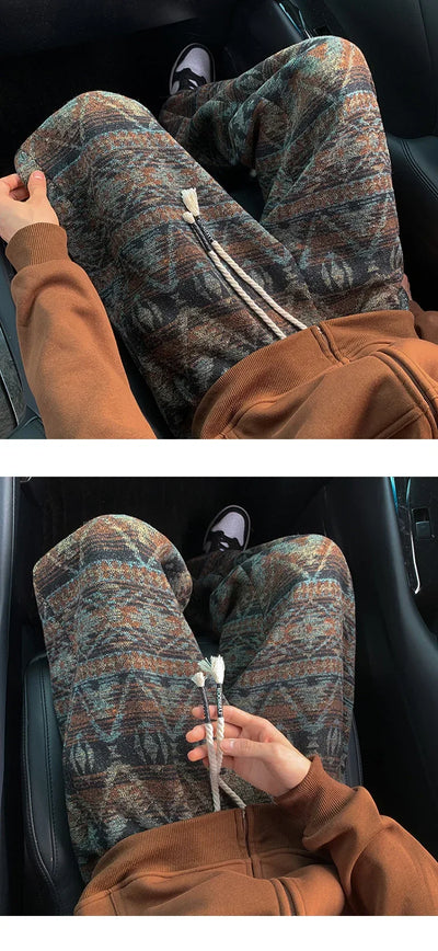 Wide leg pants Men's Vintage Geometric Knitted jacquard pants Casual Straight  Pants Ethnic Tribal Style Winter Trousers man