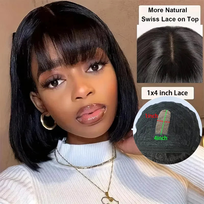 Unprocessed Raw Hair Short Bob Wig With Bangs Bone Straight Human Hair Wigs Fringe Middle Part Bob Lace Wigs Realistic Scalp Wig
