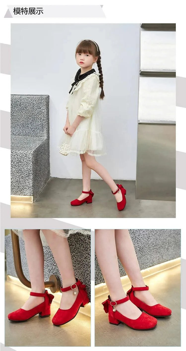 Kids Velvet Black, Pink, Red Leather High Heeled Shoes 3-15T | Girl's Princess Shoes For Party, Wedding, Dance | Children's Fashion