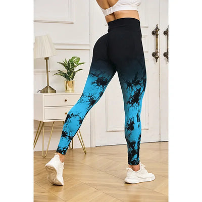 Women Tie Dye Sports Yoga Leggings High Waist Fitness Leggings Gym Workout Running Hip Liftting Gradient Knitting Tights