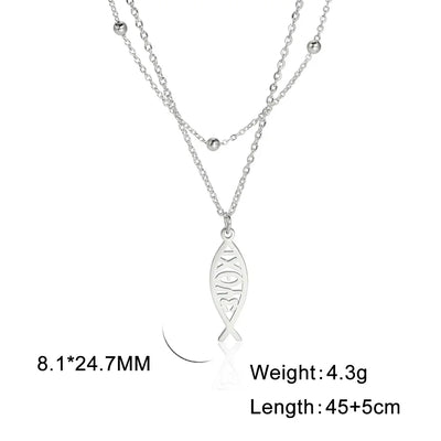 Jeshayuan Christian Jesus Fish Pendant Necklaces For Women Double Layer Stainless Greek ΙΧΘΥΣ Christian Religious Gift