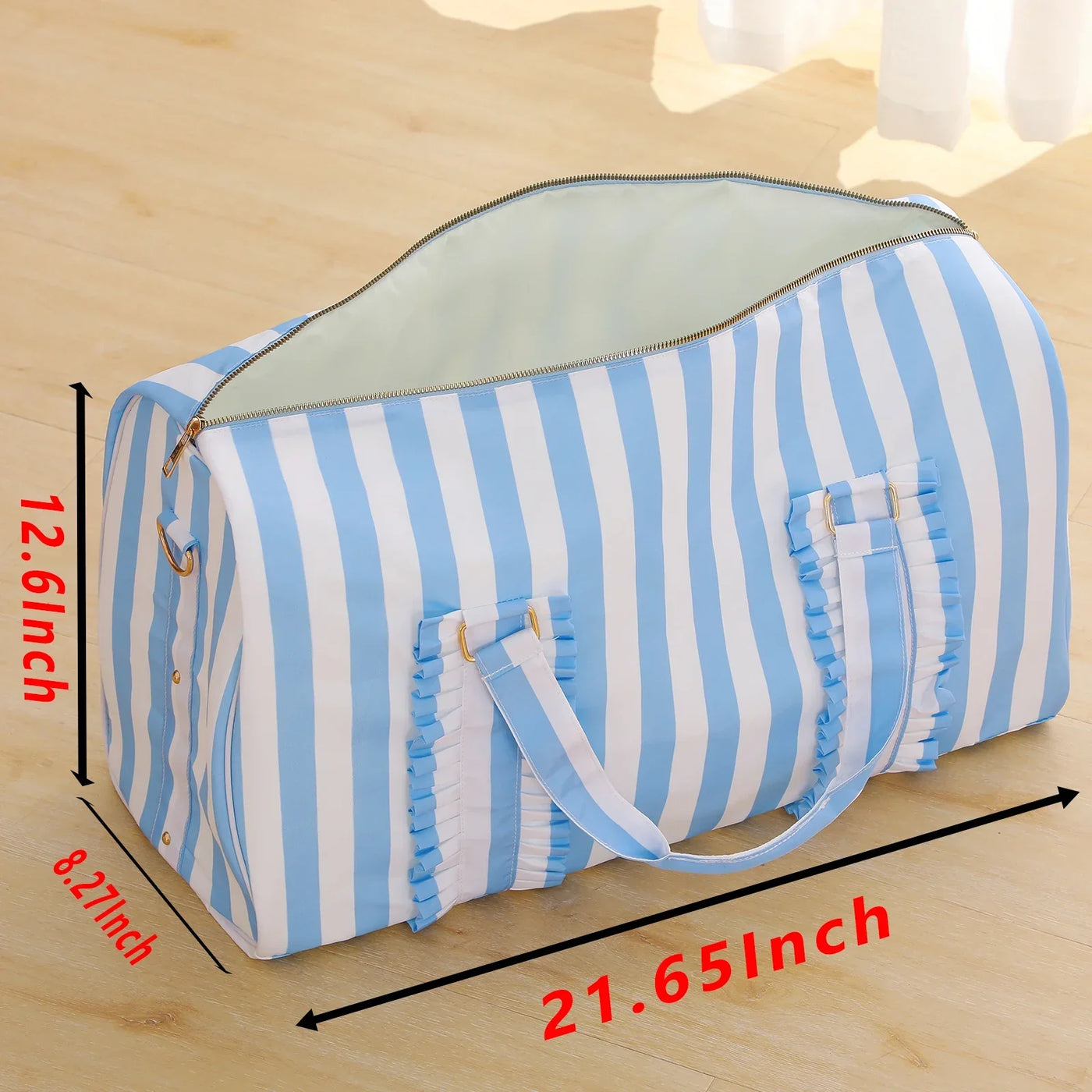 Nylon Duffel Bag Women Ruffle Duffle Gingham Weekend Sports Overnight Travel Vacation Gift Stripe Detachable Adjustable Strap