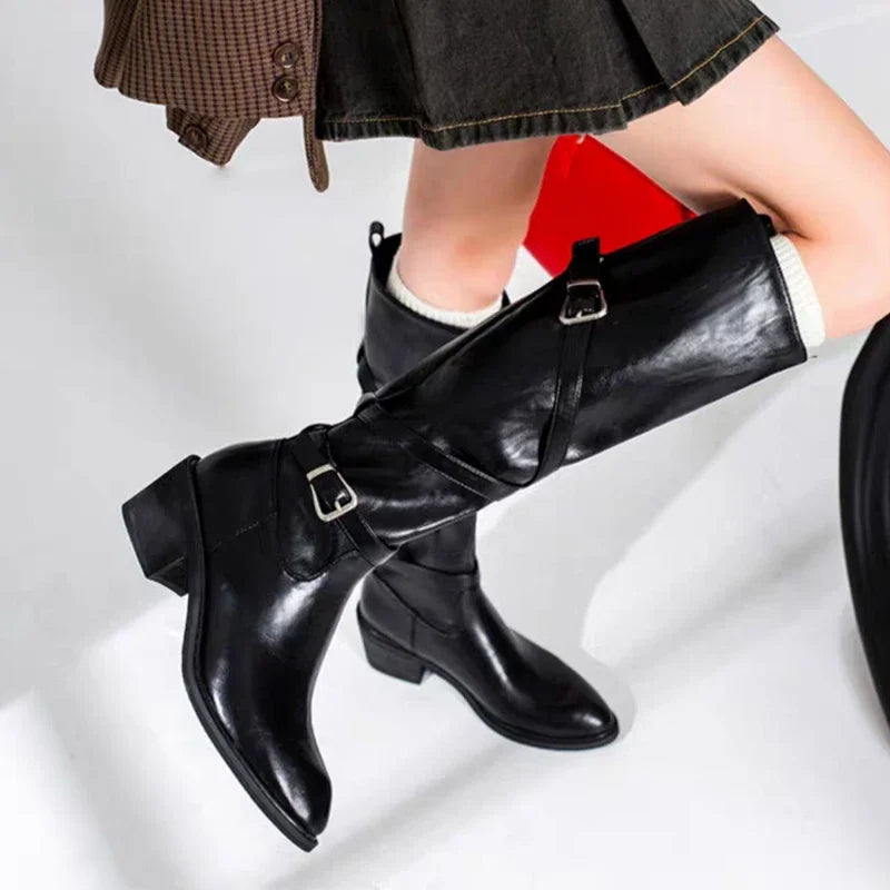 Women's Knee High Boots Mid Heels Fashion Buckle Shoes 2025 Winter Pumps Chelsea Boots New Walking Designer Trend Mujer Botas