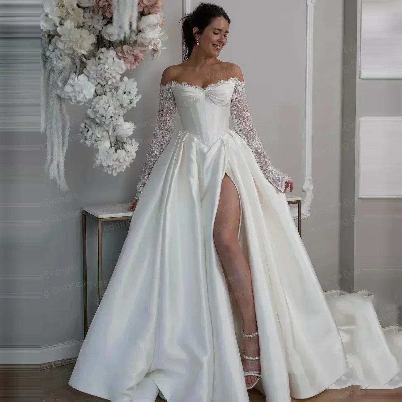 Glitter wedding dresses a line woman’s sequinned off shoulder bride gown