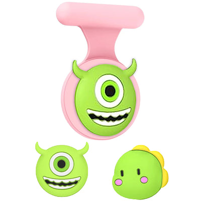Green monster face silicone phone case with pink strap and AirTag holder