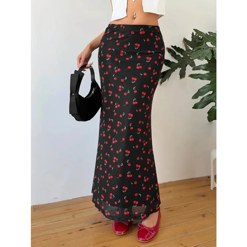 Summer Fashion Long Skirts for Women's Cherry Print High Waist Contrast Patchwork Slim Elegant Sexy Slim Ladies Y2k Maxi Skirt