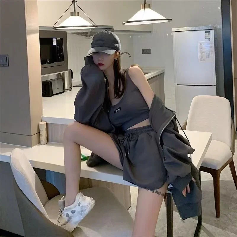 Casual Shorts Three 3 Piece Sets Women Vest Drawstring Shorts Hooded Zipper Jacket Sportswear Suits Female Solid Sports Hoodie
