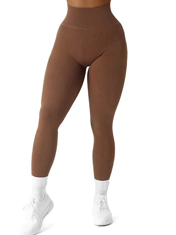 High Waisted Seamless Yoga Leggings, Ribbed Sportswear Tights