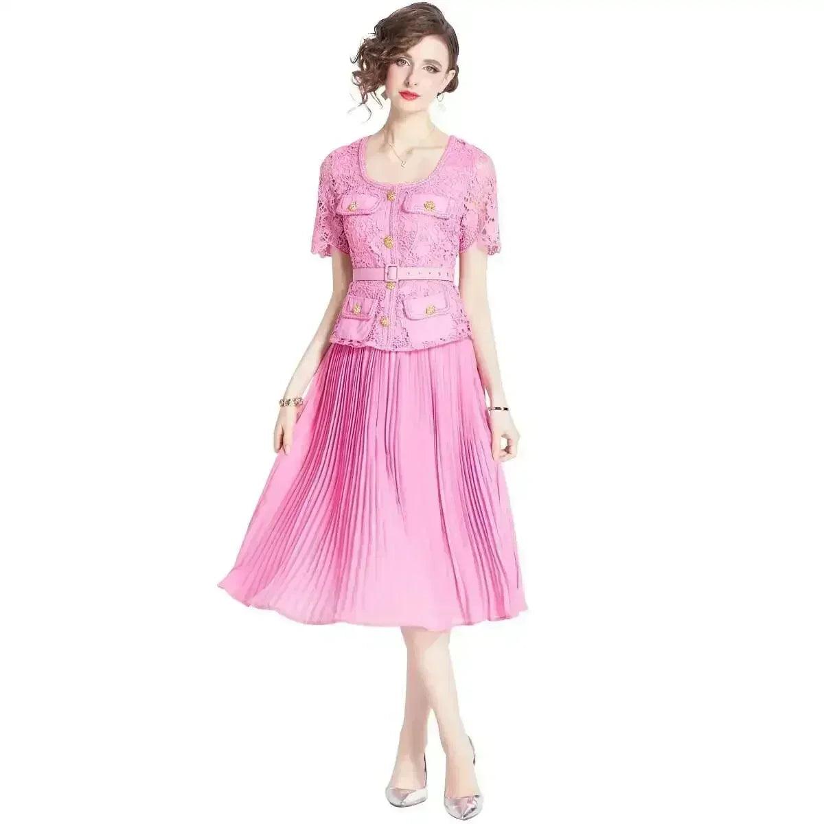 Luxury evening dress women summer vacation short sleeve pleated lace chiffon long dresses white single breasted midi