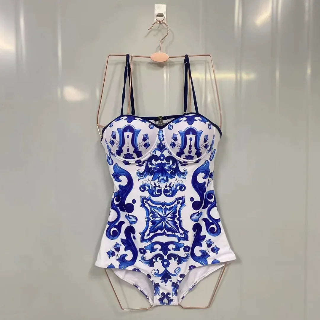 Fashion Design Women's Swimsuit Designer Brand Blue White Porcelain One-piece Beach Swimwear