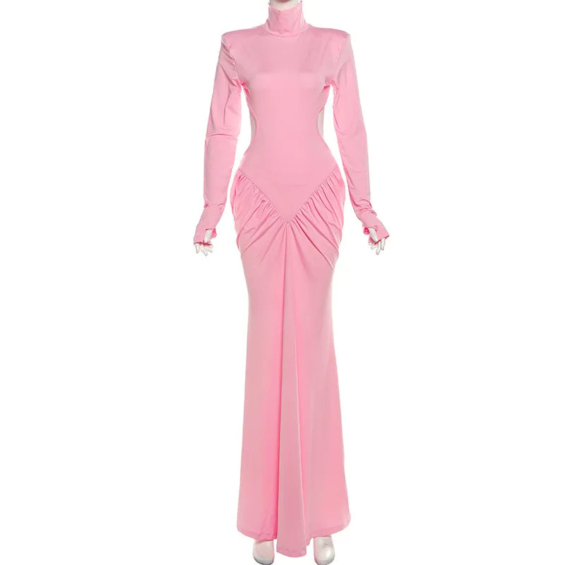 Womens Elegant Turtleneck Ruched Backless Party Dress 2025 Lady Long Sleeve Tunics Folds Long Maxi Formal Gown Evening Dresses