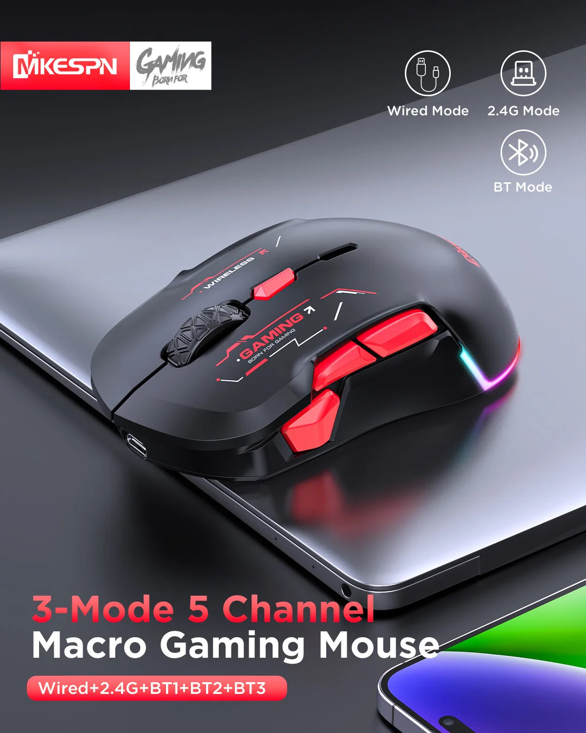 Wireless Bluetooth 2.4G 10000DPI Macro Gaming Mouse 10 Programmable Keys chargeable Game Mouse Charging RGB Left handed hand