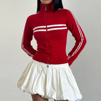 Women Workout Knitted Biker Jacket Vintage Striped Print Casual Long Sleeve Zip up Sweater for Outwear Cardigan Y2k Streetwear