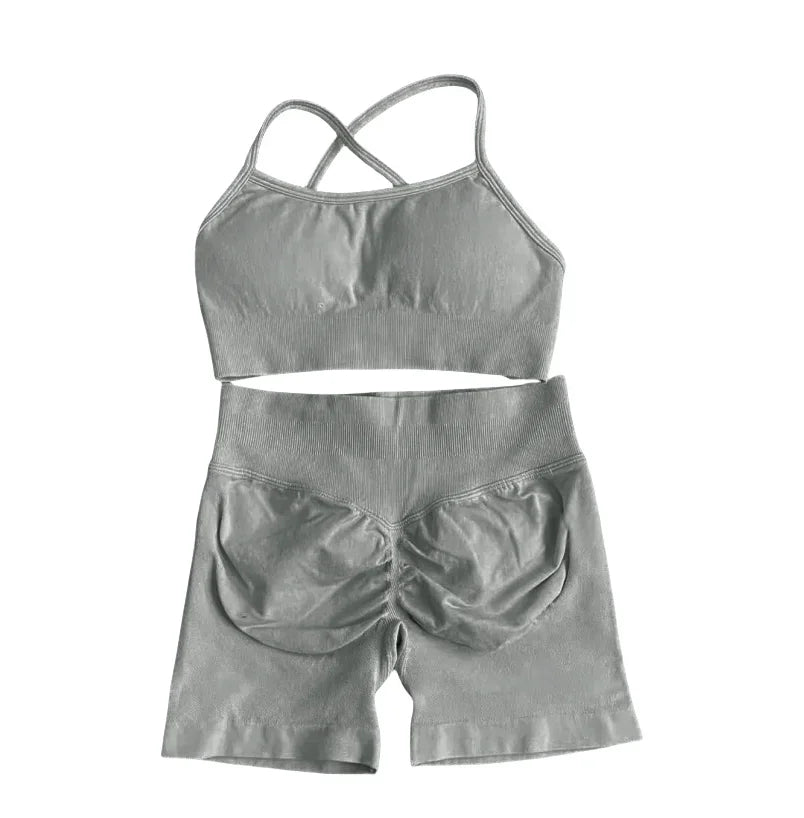 2025 Yoga High Quality Set Solid Color Women's Sports Hip Lift Shorts Cross Bra Shockproof Backrest Sling 2-piece Set Summer