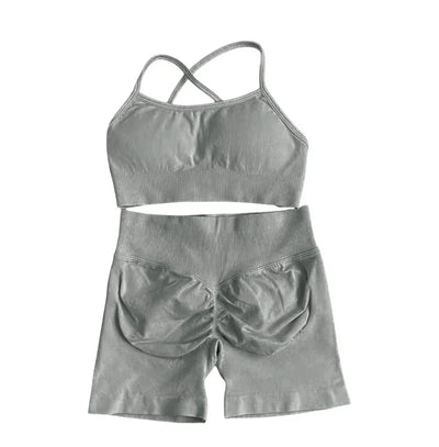 2025 Yoga High Quality Set Solid Color Women's Sports Hip Lift Shorts Cross Bra Shockproof Backrest Sling 2-piece Set Summer