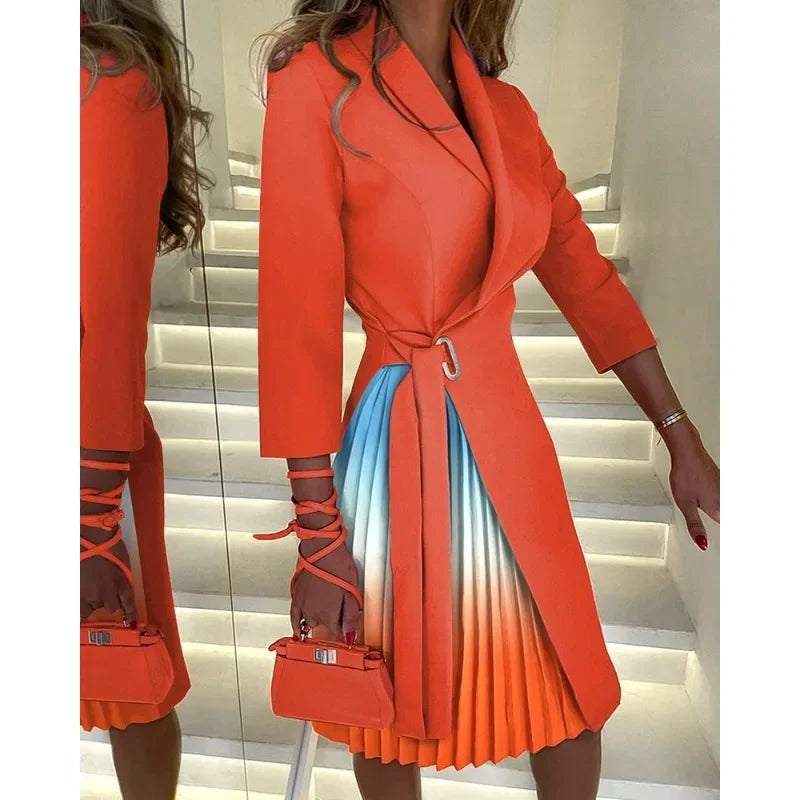 Elegant Women Blazer Dress Office Lady Autumn Winter Long Sleeve Lapel High Waist Corset Belt Folds Party Dress Y2K Chic Clothes