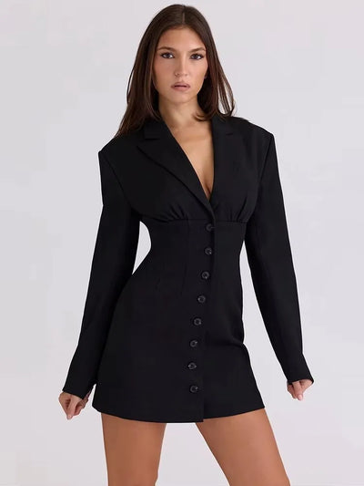 Blifanbo Single-breasted Sexy Blazer Dress Women Gown Elegant V Neck Long Sleeve Black High Waist Club Party Dress Office Lady