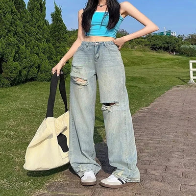 Ripped wide leg jeans for women, slim fit, summer high waisted, loose fit, slimming, floor length straight leg pants