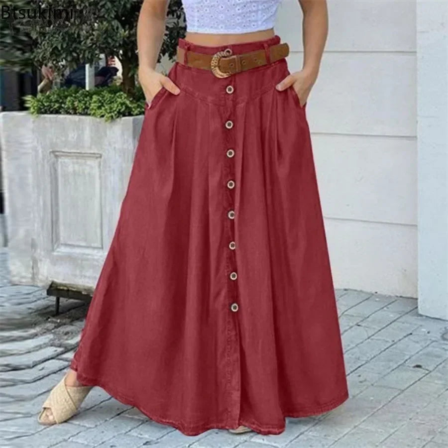 New 2025 Long Skirts for Women Oversized Spring Summer Button Sundress Casual High Waist Skirt Solid Female Elegant Party Robe