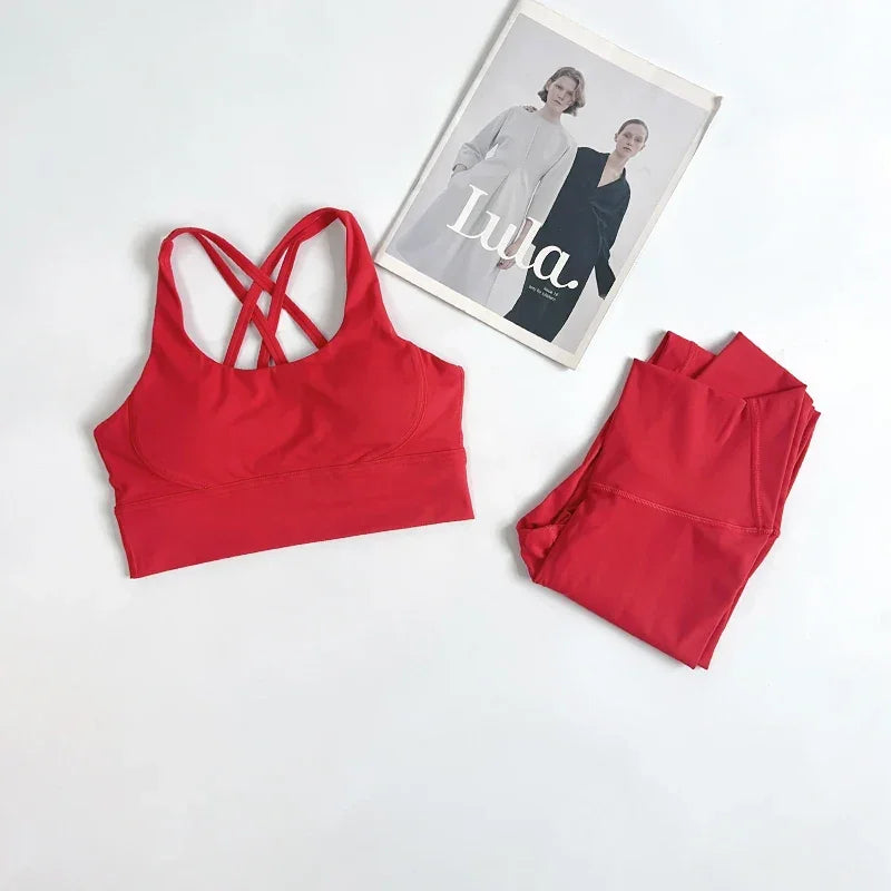 2 Pieces Yoga Set Women Gym Set Workout Clothes Sports Suits High Waist Leggings Cross Straps Fitness Bra Running Tracksuit👚👍️