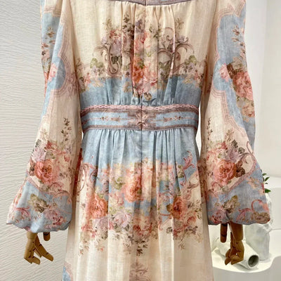 New High Quality Linen Elegant Long Lantern Sleeve Floral Print Waist Women Re-tro Midi Dress