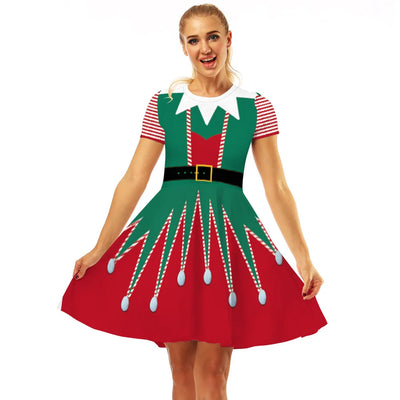 Merry Christmas Women Dress Graphics Stripe Christmas Elf Printed Dress Disguise Adult Xmas Cosplay Costume Holiday Party Wear