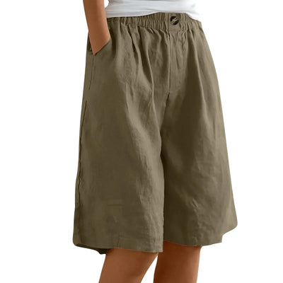 Women's Fashion Solid Color Cotton Linen Shorts - Loose Elastic Waist Capris with Pocket and Button Up Design