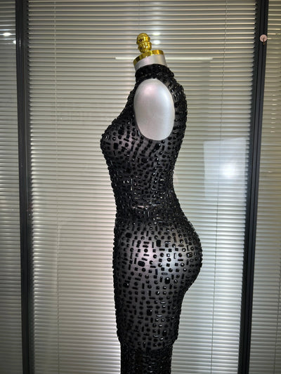 Women Sexy Mesh Crystal Diamonds Black Maxi Dress See Through Party Singer Stage Performance Costume