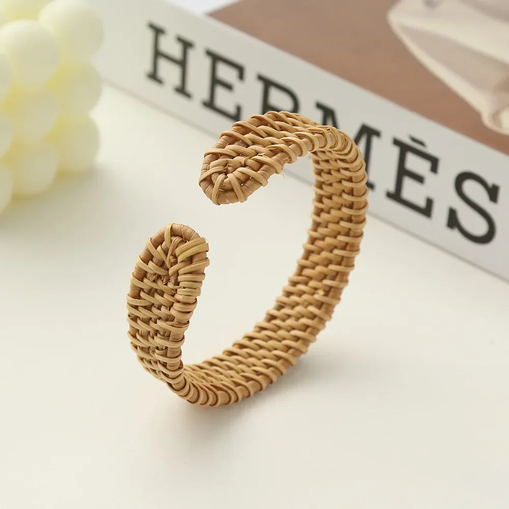 Bohemian Female Fashion Wood Bamboo Rattan Weave Handmade Bangles Big Bracelets For Women Boho Beach Style Ladies Jewelry Gifts