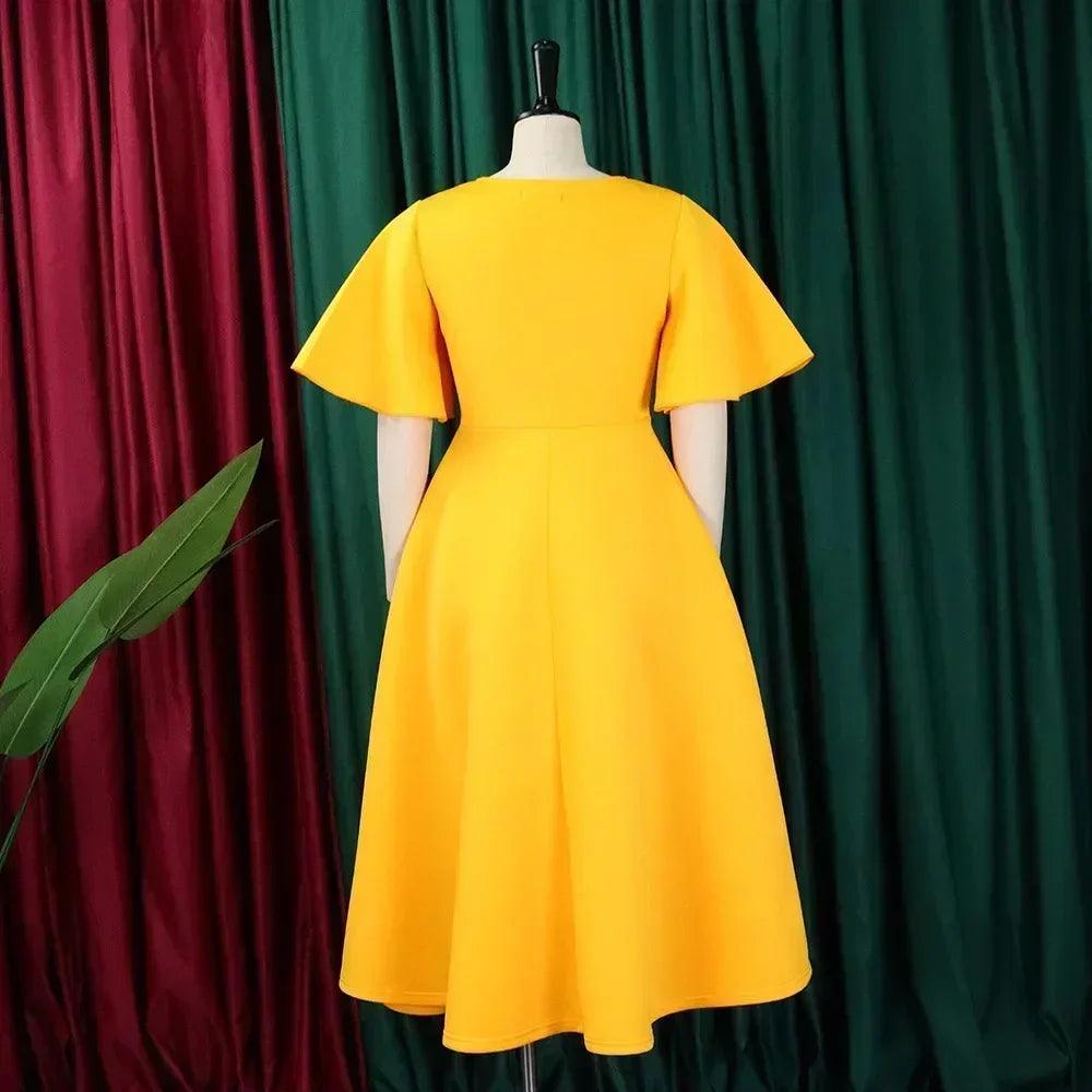 Elegant party dresses for women v neck ruffles sleeve high waisted pleated mid calf luxury birthday dinner vestidos