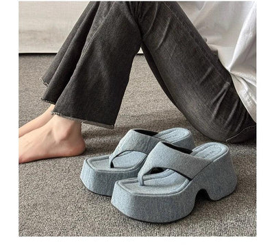 Women's Summer Outdoor Platform Sandals Flip Flops High Heel Thi Bot Clog oes Heightening Slippers Korean Sle PU Mat...