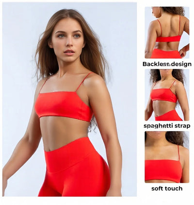 Women's gym sportswear with thin shoulder straps, fully matte back, exposed back, high elasticity sports bra with chest cushion