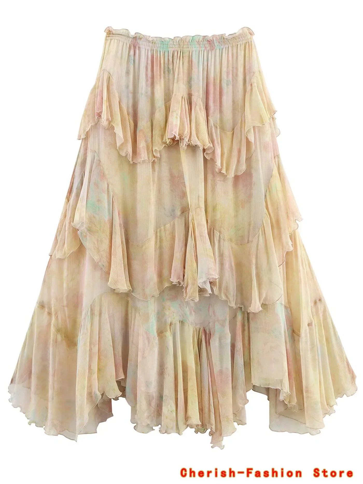 French Style Floral Lace A- Line Skirt Spring Autumn Women's New Style Ruffled Skirt Printed Half-length Skirt Polyester Fibe