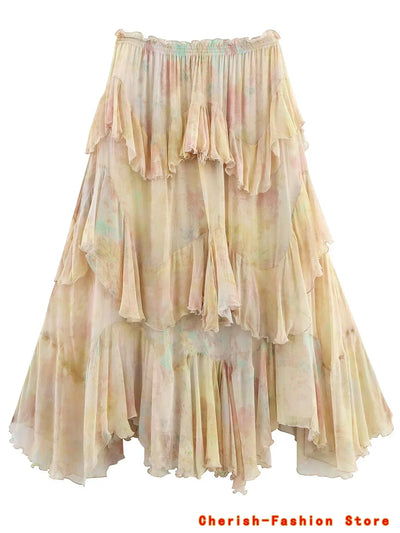 French Style Floral Lace A- Line Skirt Spring Autumn Women's New Style Ruffled Skirt Printed Half-length Skirt Polyester Fibe