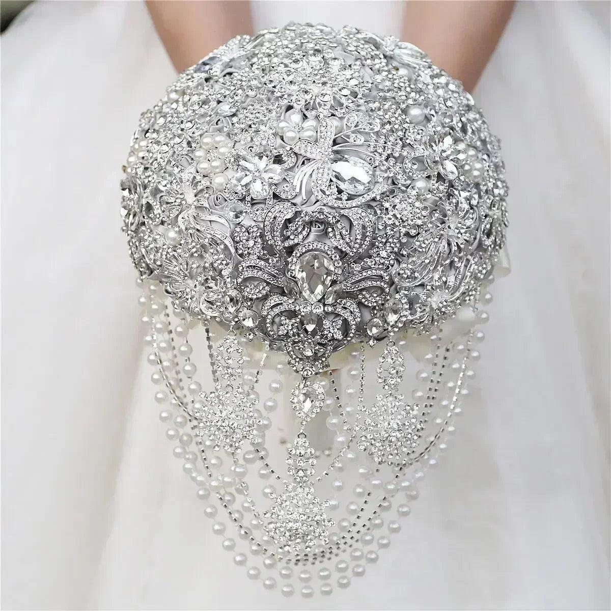 Rhinestone jewellery brooch bouquet silk wedding flowers |bridal