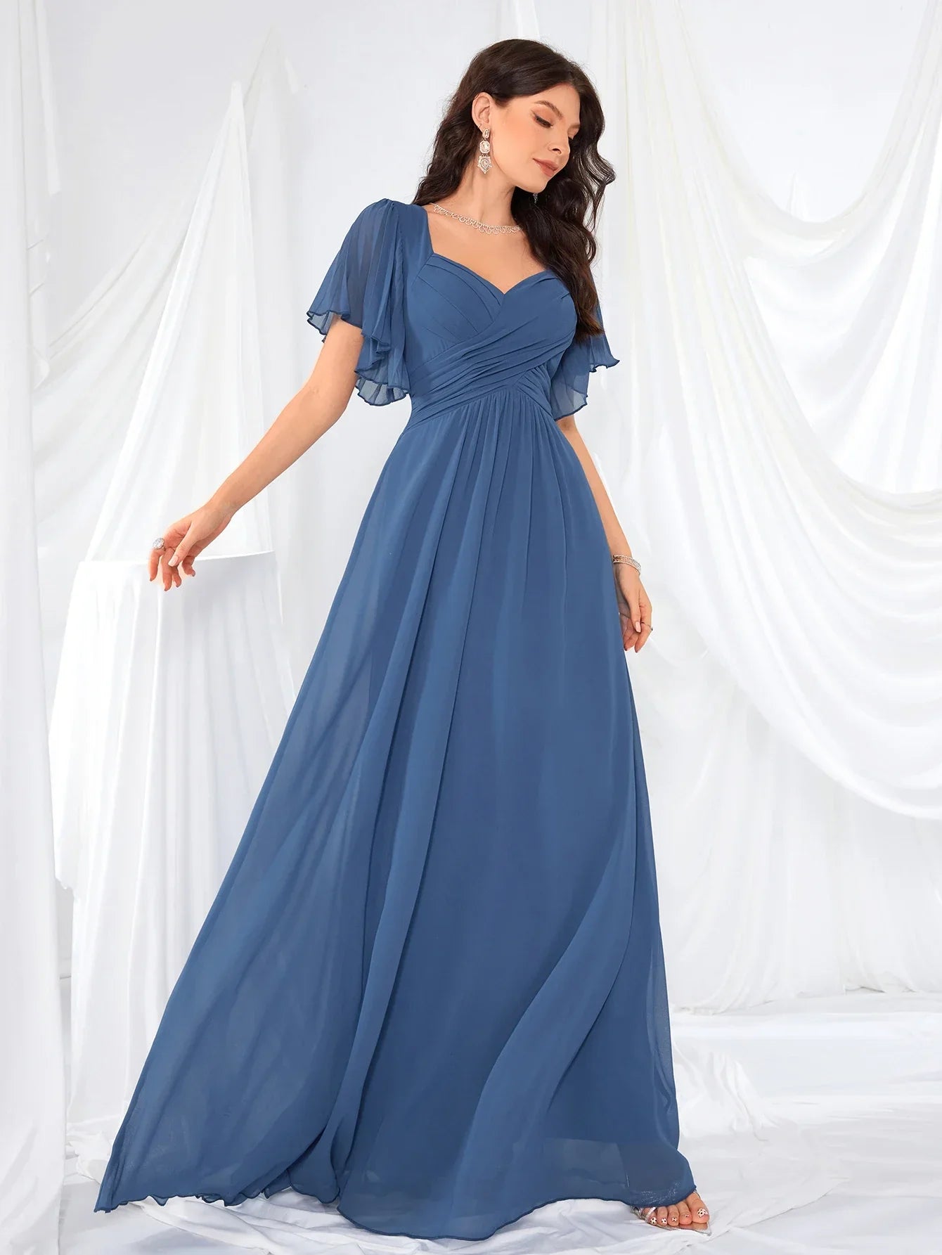 UNITHORSE Women's V-Neck Gathered Lace Trim Sleeve Chiffon Maid of Honor Dress