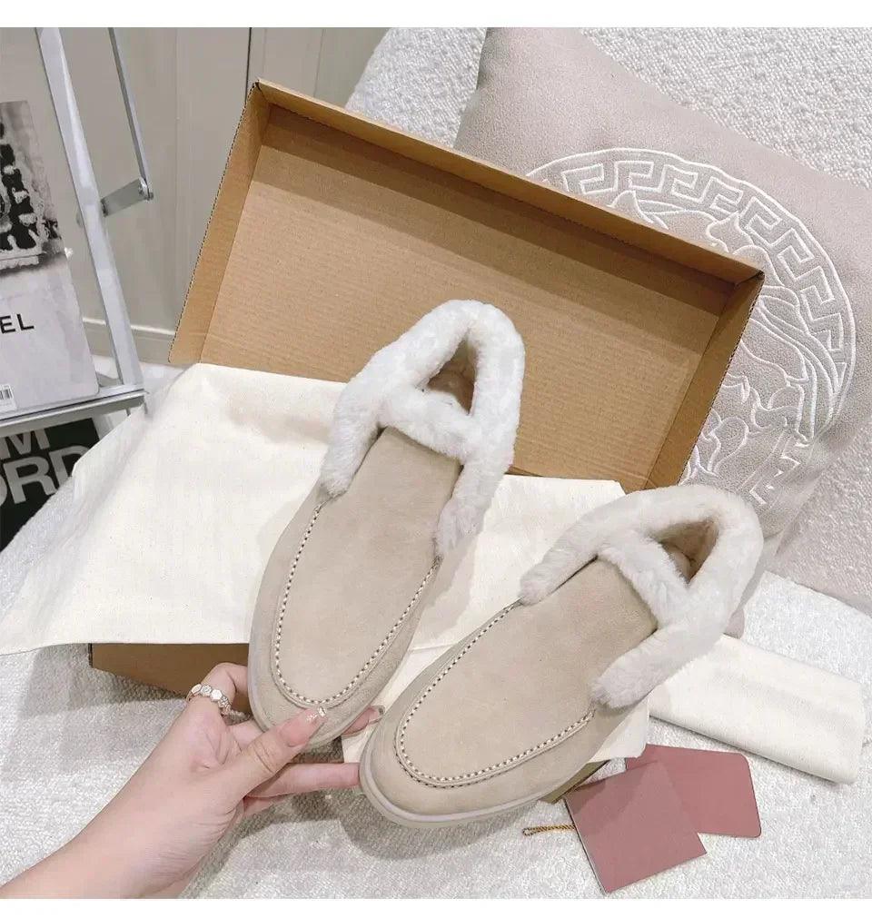 Fur ankle boots women’s cow suede loafers high quality 2025 winter flat shoes integrated warm snow