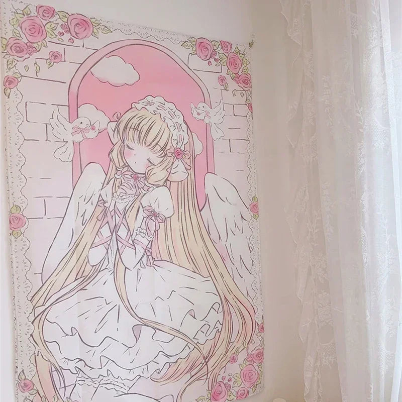 Cute Anime Girl Tapestry Background Cloth Home Decor Kawaii Girl's Room Decorating Items Cartoon Wall Hanging Pink Tapestry