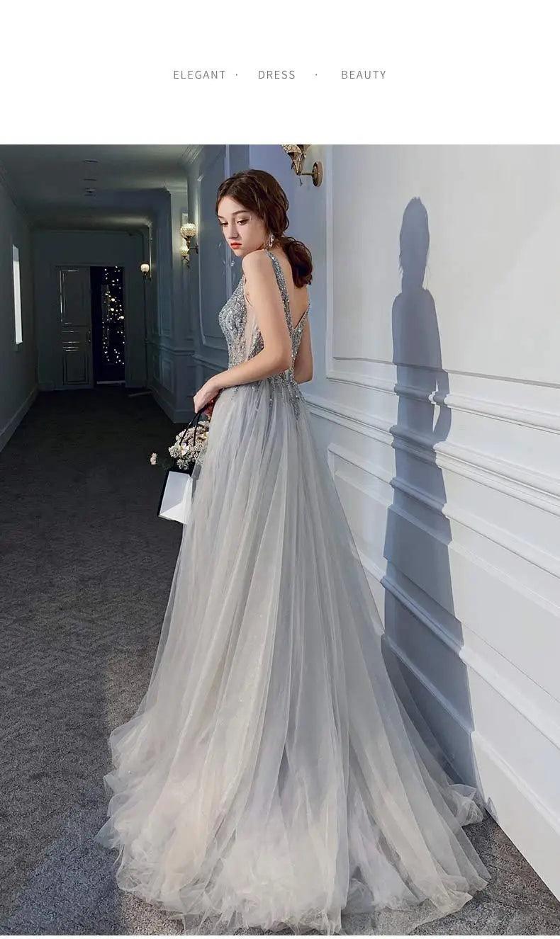 Women’s evening dresses sexy v-neck luxury formal party gown backless beads sequins tulle side split banquet dress
