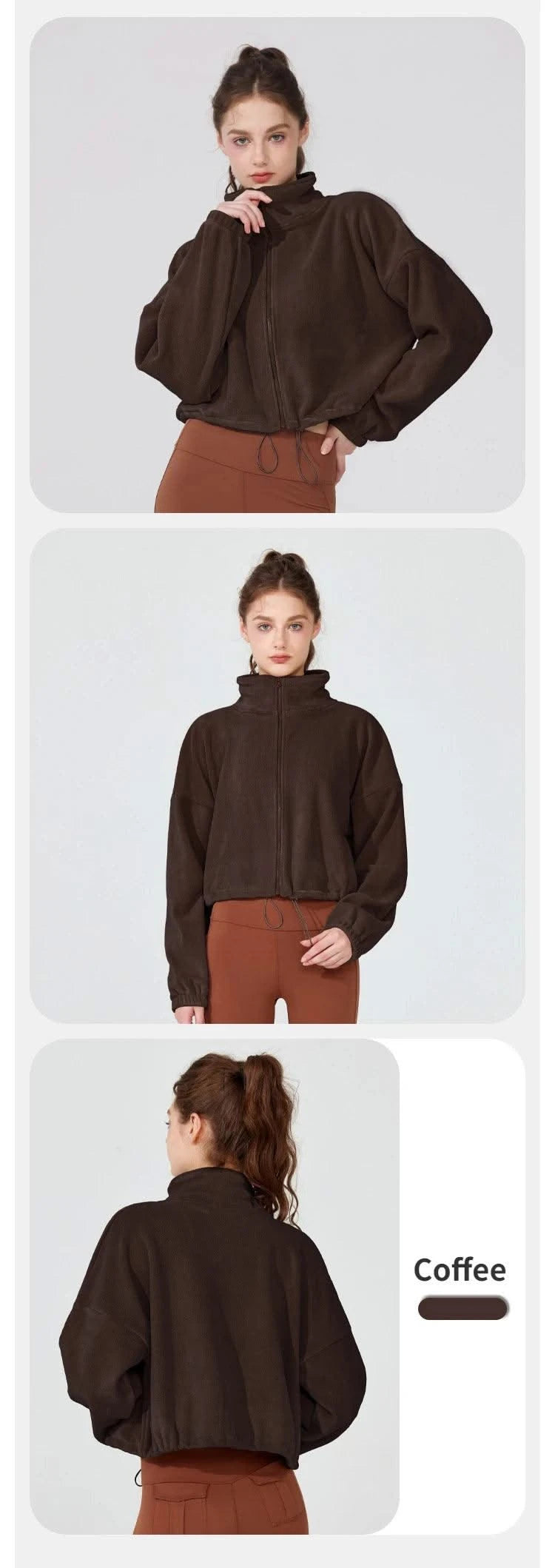 Women's Fleece Short Jacket Full Zip Stand Collar Warm Winter Sherpa Crop Coats with Drawstring Hem Gym Fitness Sports Clothing