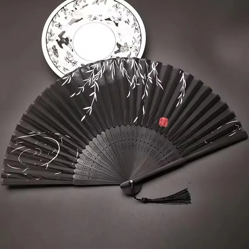 Hand Folding Fan BambooSilk Chinese Fan Hand Women Black Fan Summer Female Dance Hand Folding Fan Party Gift Hand Fans For Women