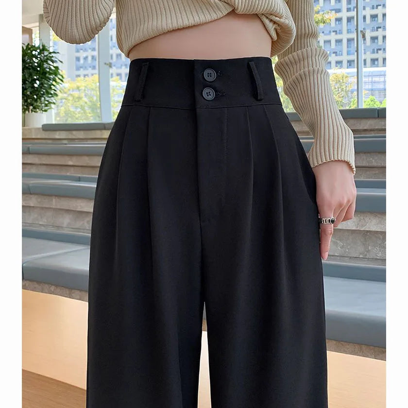 High Waist Wide Leg Pants for Women New Loose Straight Coffee Trousers Autumn Double Buttons Casual Suit Pants Female
