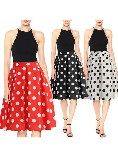 Summer Casual Women Midi Skirt Polka Dot High Waist Retro Vintage 50s Pleated Party Skirts
