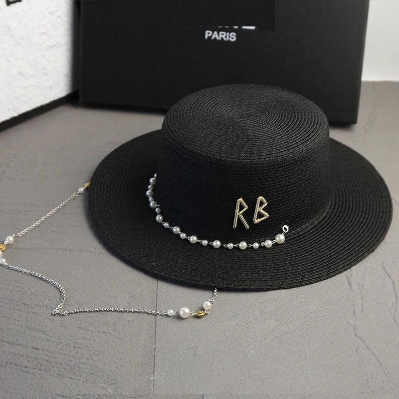 New women summer hats straw sun hat panama elegant fedoras lady girl outdoor vacation with pearl chain sunshade beach