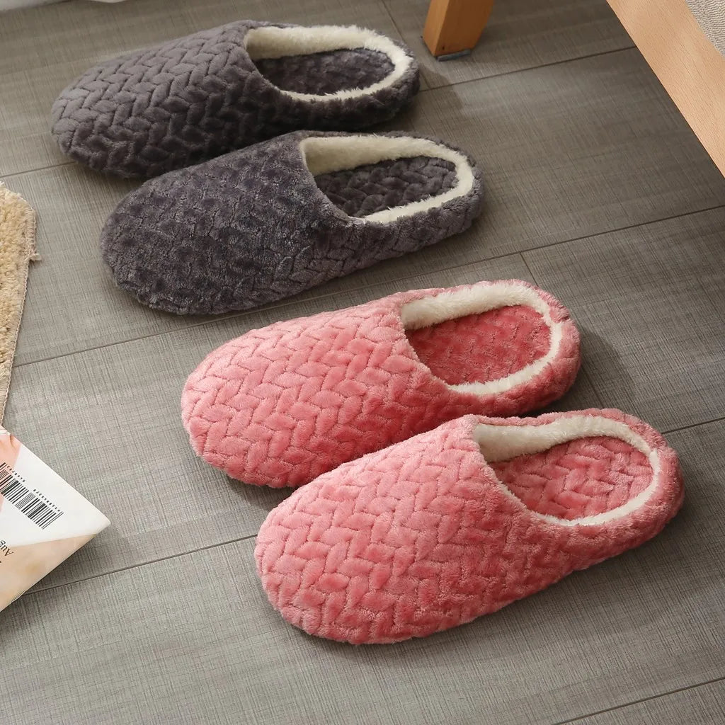 Warm Slippers Woven Solid Color Slippers Plush Home Cotton Slippers Winter Indoor Leisure Home Cold Comfortable Simple
