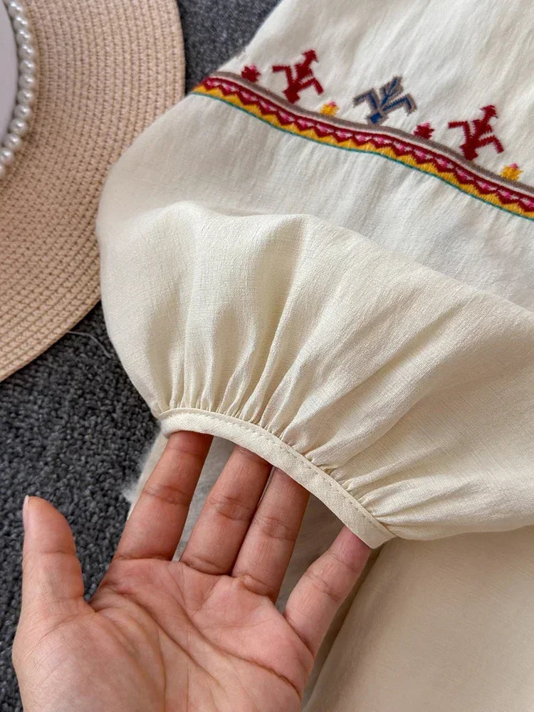 European American Style Women's New Cotton Linen 2024 Fashionable Lace Up Waist Slimming Patchwork Embroidered Short Dress A132