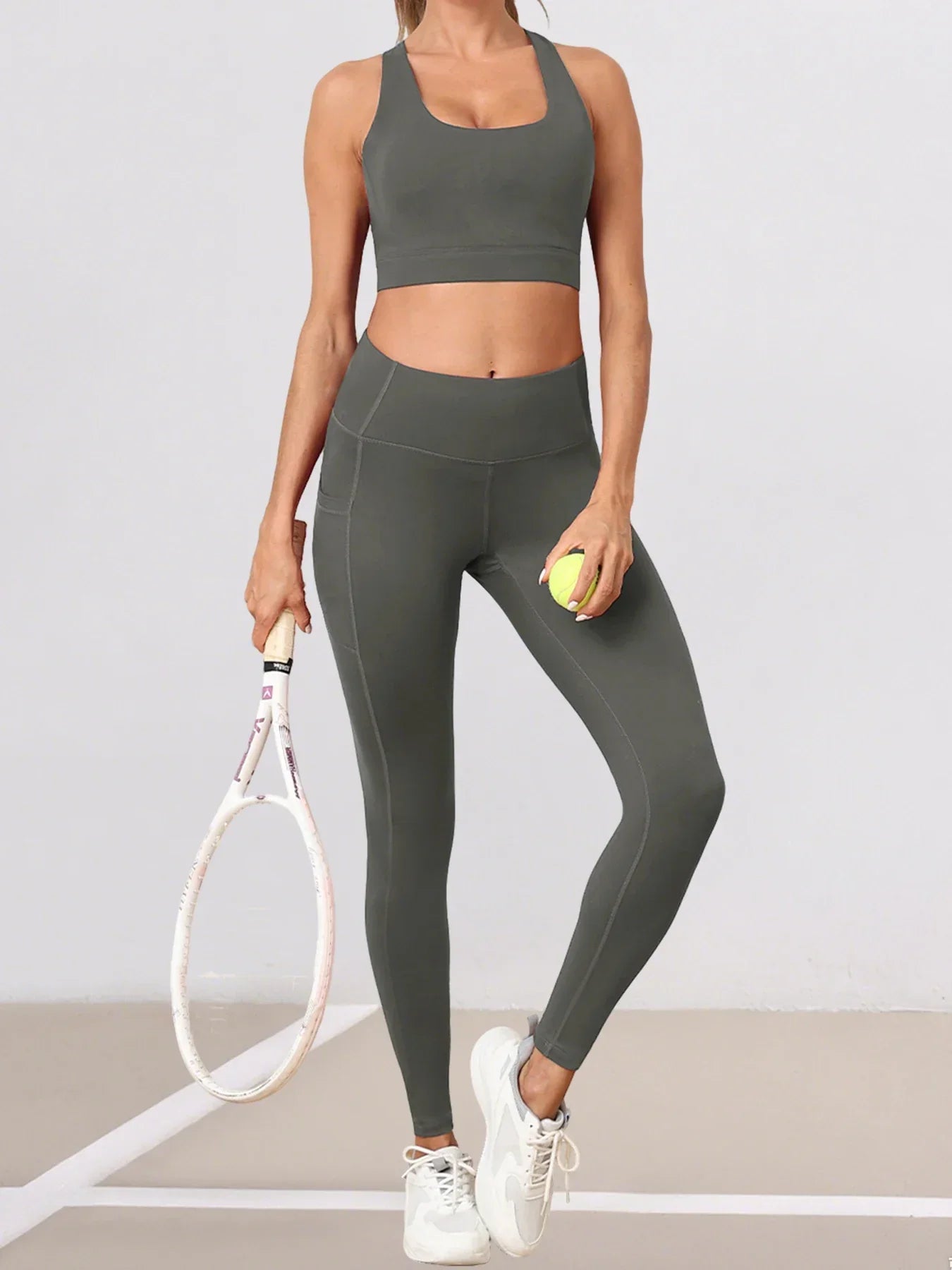 Women's Yoga Suit Cross-Back Sports Bra with Pads Control Leggings with Pockets