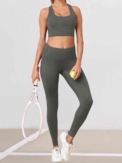 Women's Yoga Suit Cross-Back Sports Bra with Pads Control Leggings with Pockets