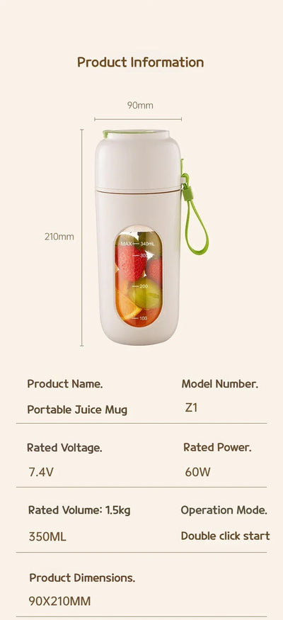 Portable Electric Blender Cup for Smoothies, Shaved Ice, and Juices - 12-Blade Stainless Steel with Wireless Charging Function