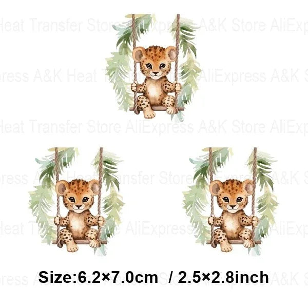 Baby Animal On Swings Heat Transfers For Kids Clothing Elephant Tigers Lion Stickers On Clothes Diy Thermal Patches Decals